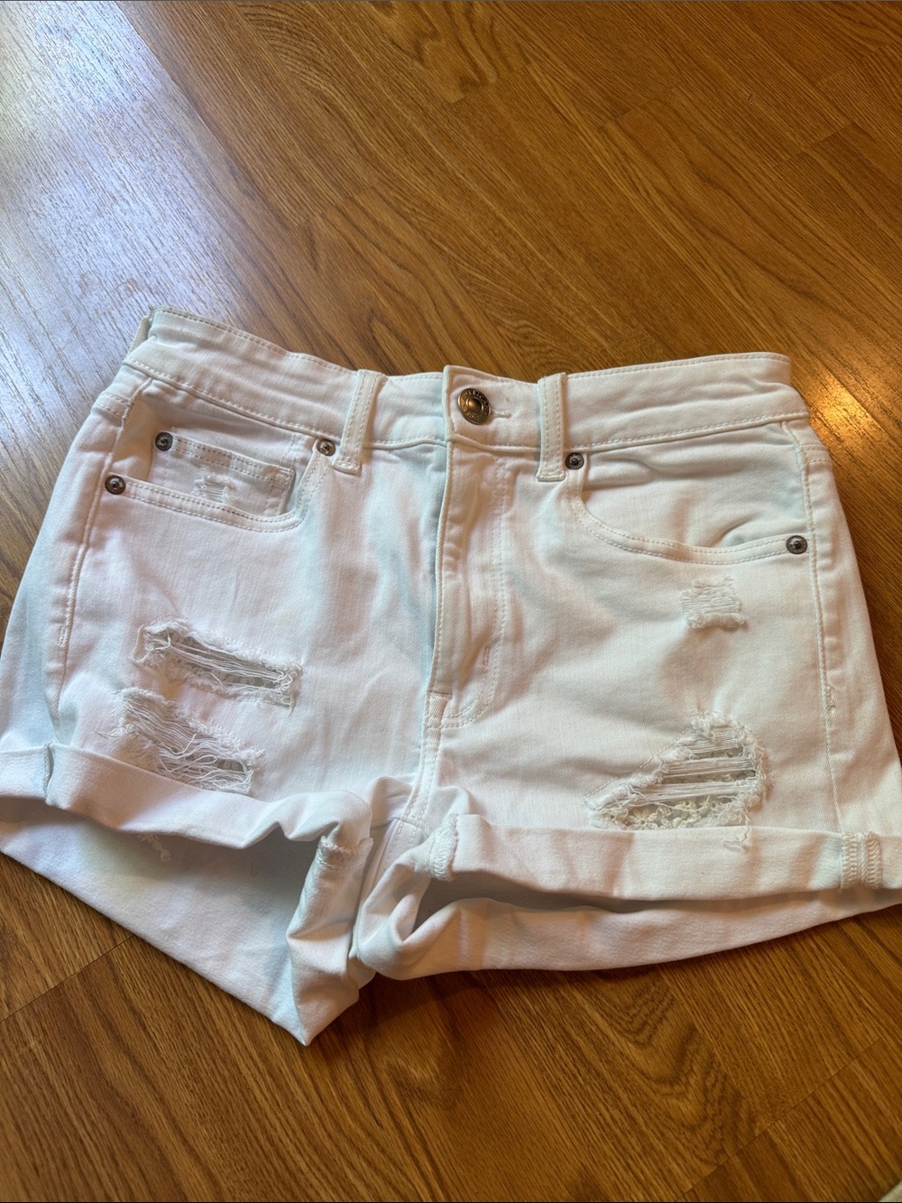 American Eagle Outfitters White Distressed Rolled-Hem Jean Shorts